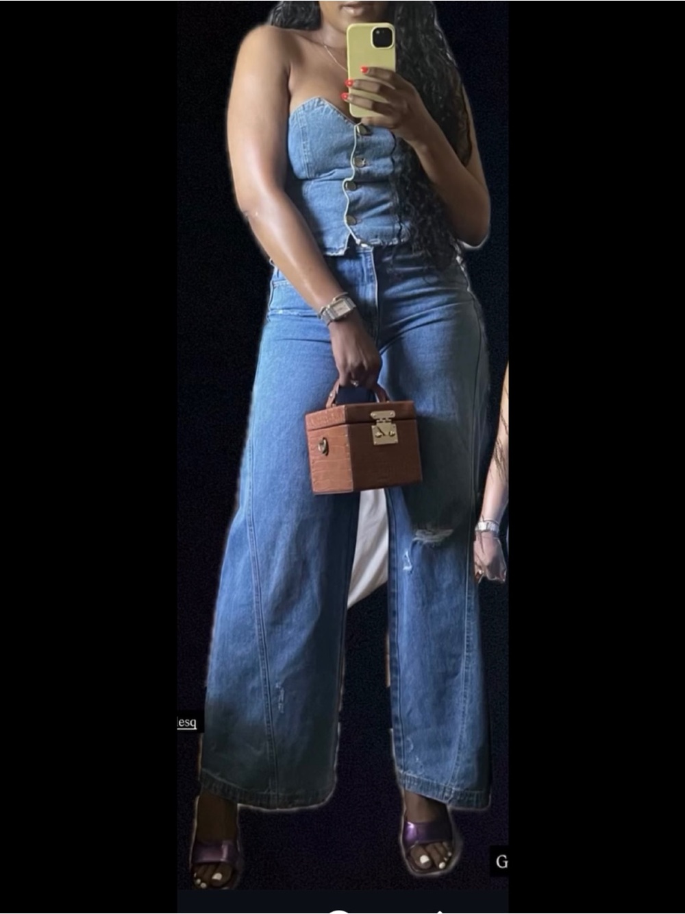 Strapless Denim Bustier Top and High-Waist Wide Leg Jeans Set - Medium Blue